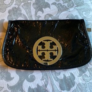 Tory Burch patent silver clutch
